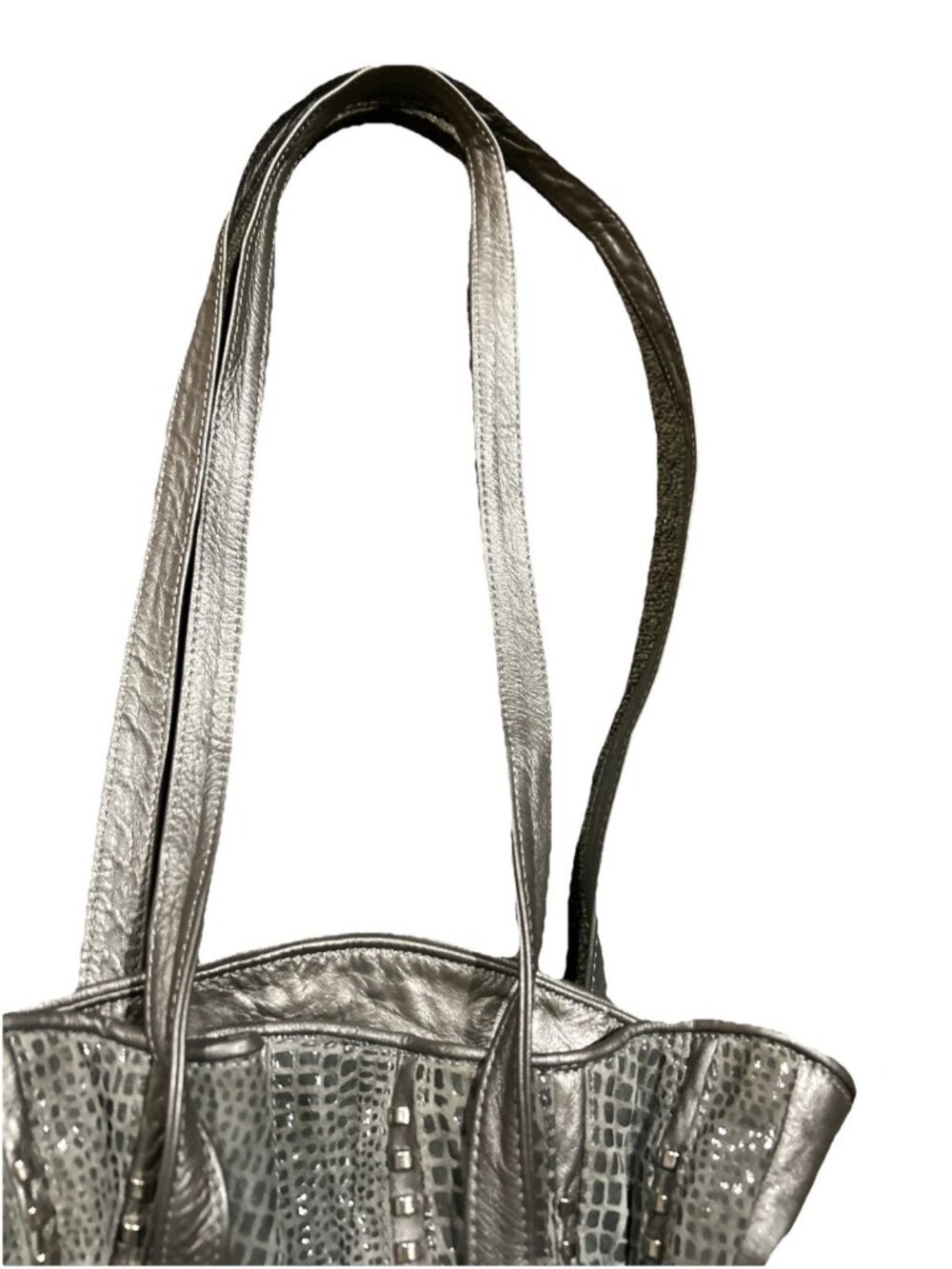 Silver Pewter Studded Leather Shoulder Bag Reptile Animal Print USA Mina - Picture 5 of 12
